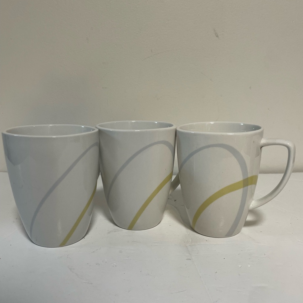 Set of 3 Corelle Coordinates Porcelain Coffee Mugs – White w Yellow & Grey Swirl